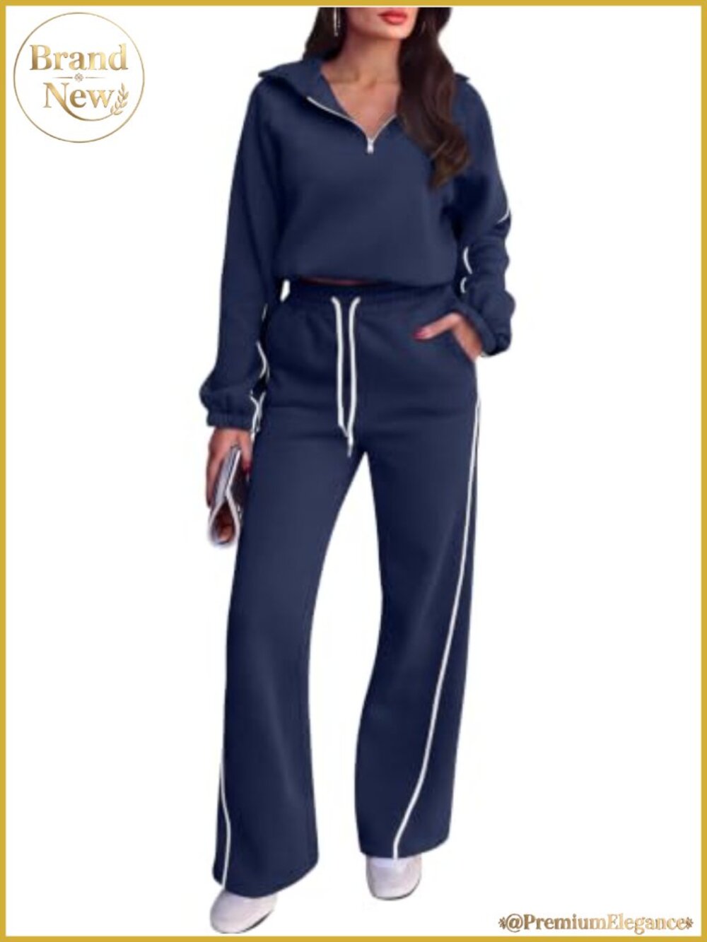 Women's 2 Piece Fleece Quarter Zip Striped Sweatsuit Set Wide Leg